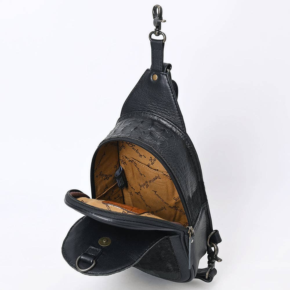 American Darling Western Leather Sling Bag with Black Crocodile Embossed Detailing Genuine Hair-on cowhide Leather