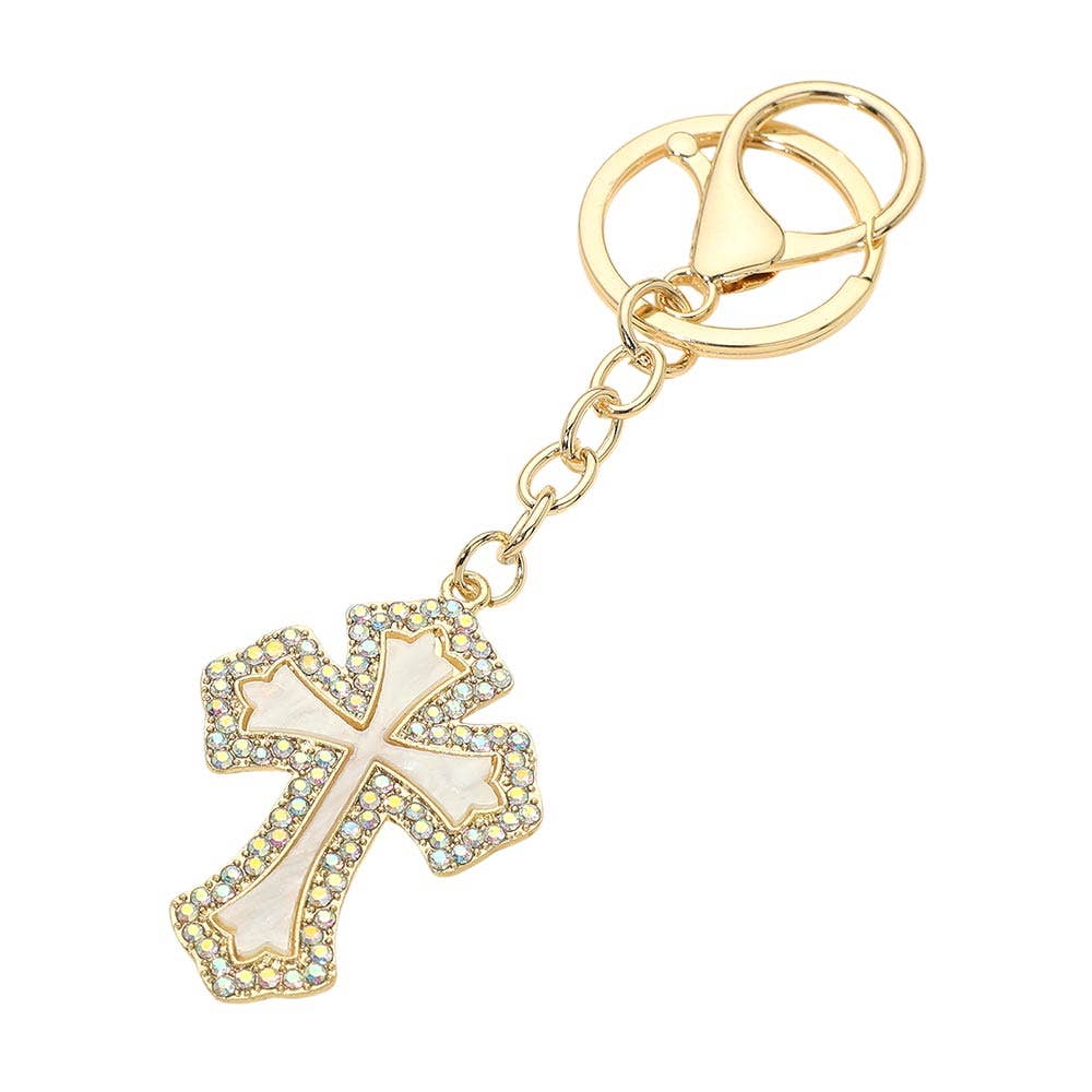 Rhinestone Pave Rim Mother of Pearl Cross Drop Bag Charm Keychains