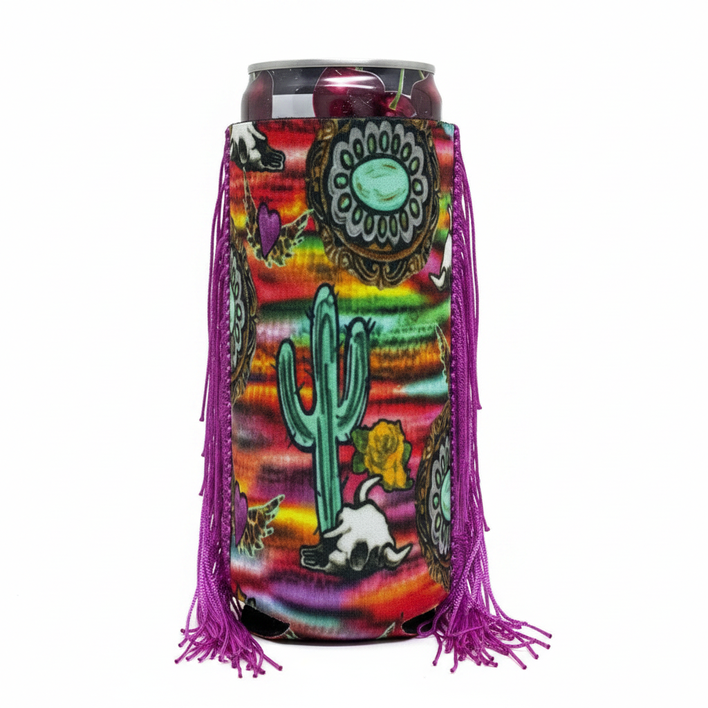 Slim Watercolor Western Things Fringe Koozie