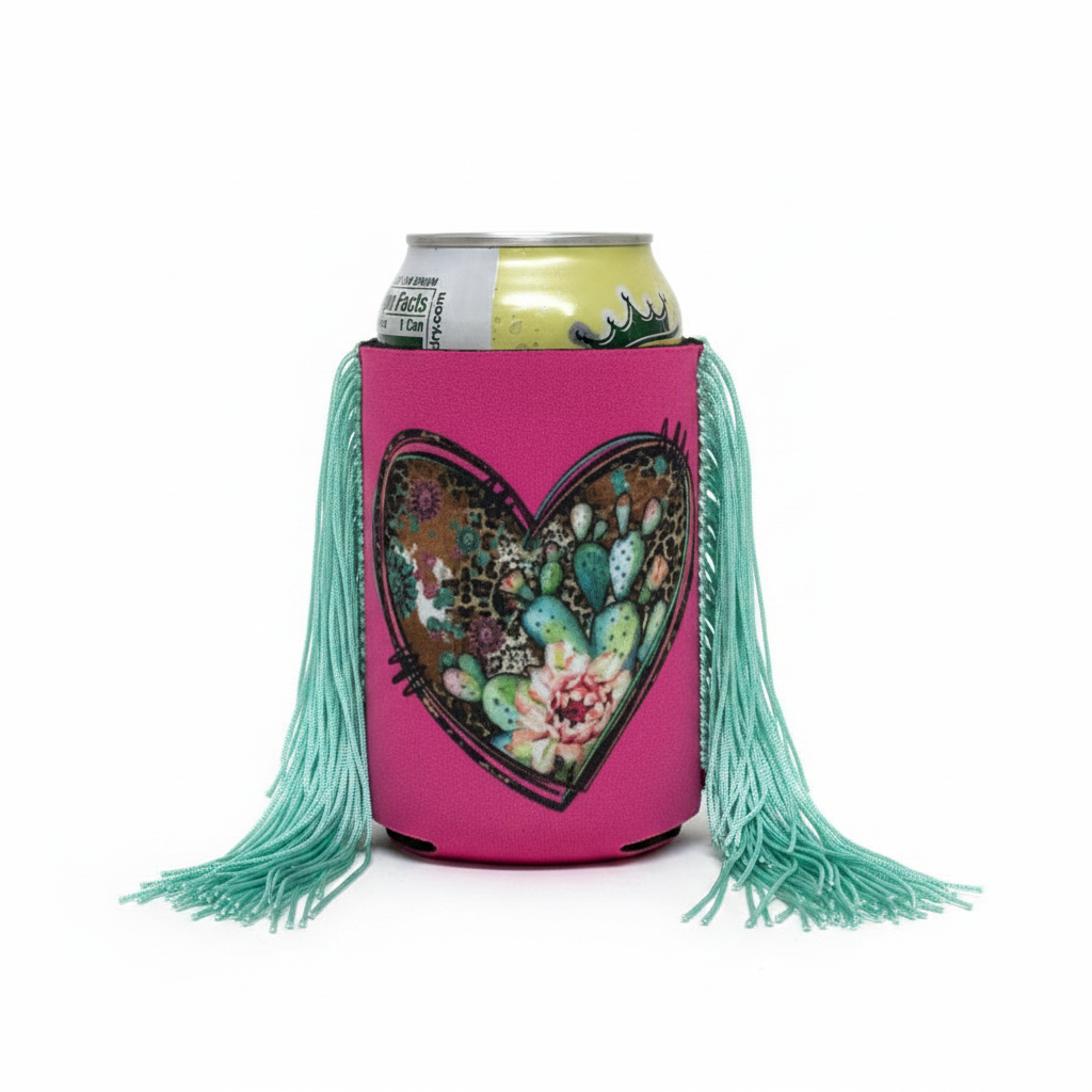 Regular Pink Cactus Heart Fringe Koozie