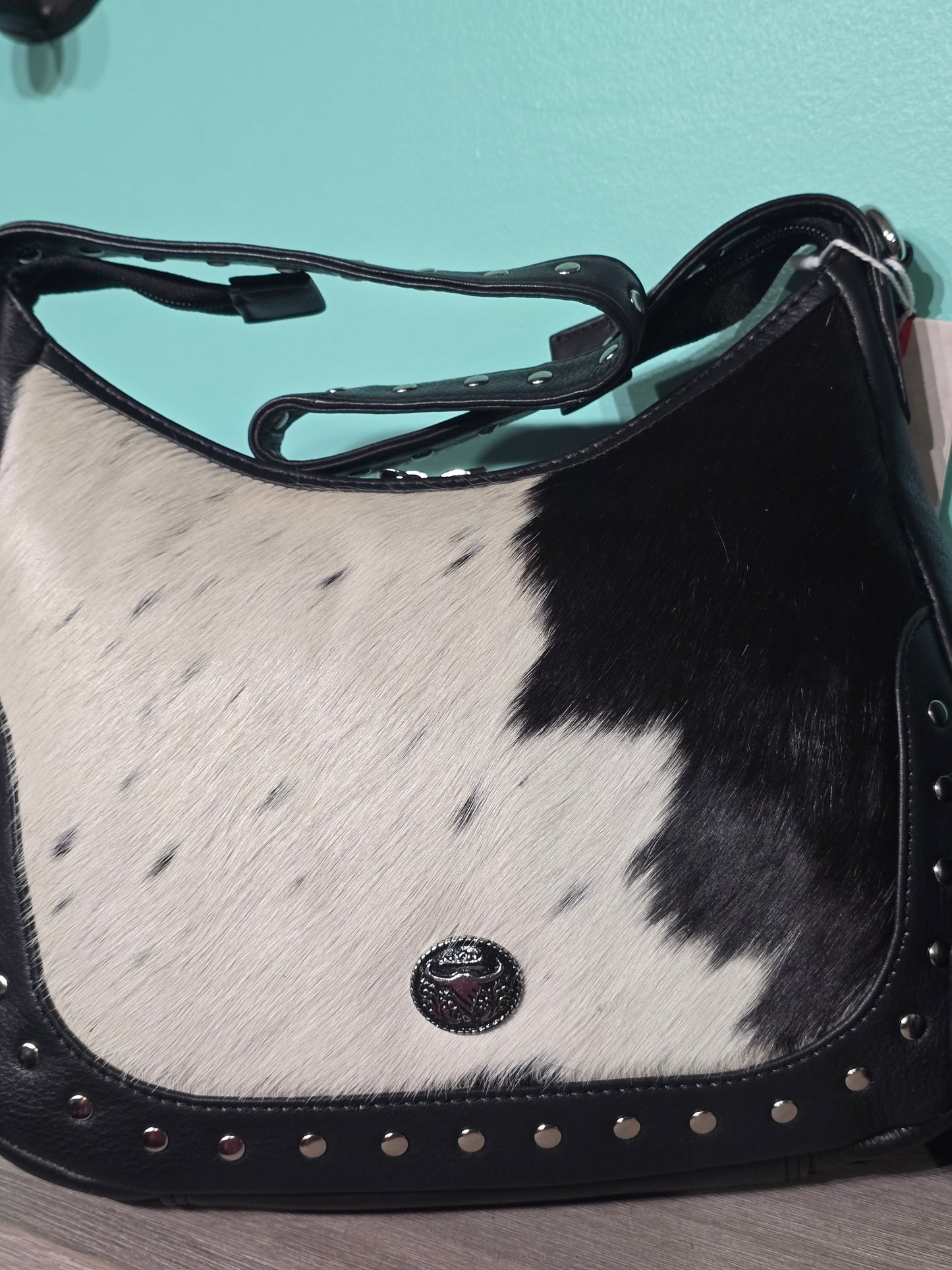 Black Leather Shoulder Bag with Hair on Hide Detail