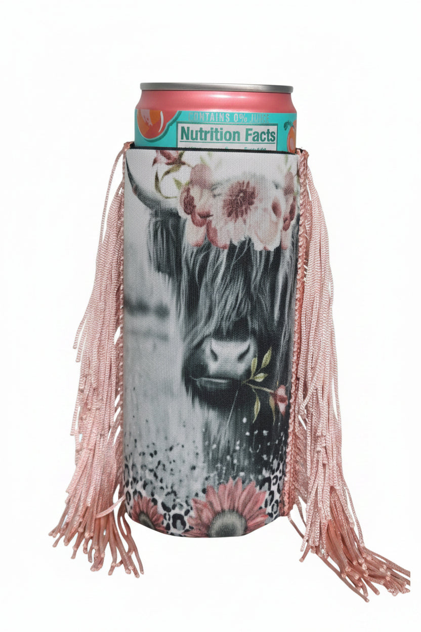 Slim Highland Cow Fringe Koozie