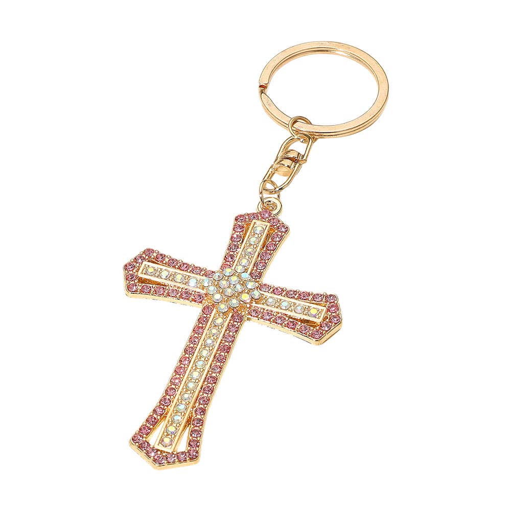 Rhinestone Embellished Cross Charm Keychains