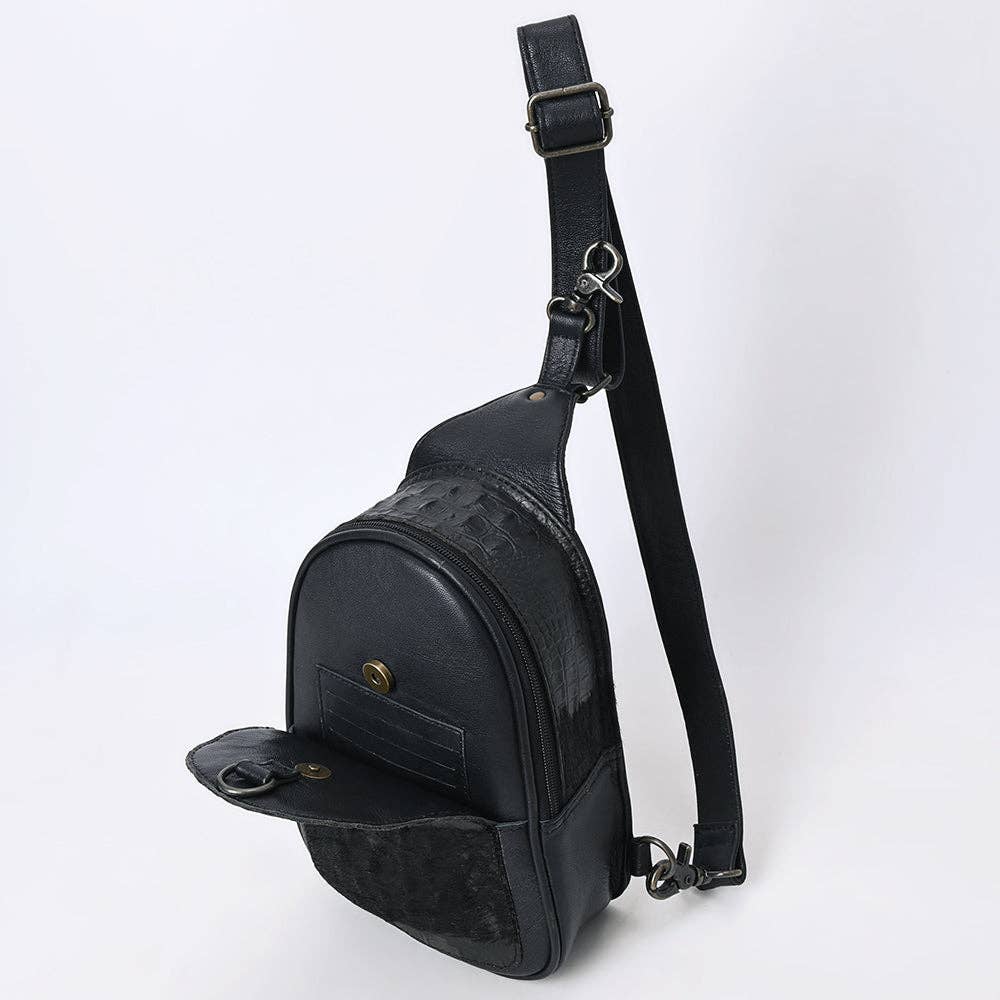 American Darling Western Leather Sling Bag with Black Crocodile Embossed Detailing Genuine Hair-on cowhide Leather