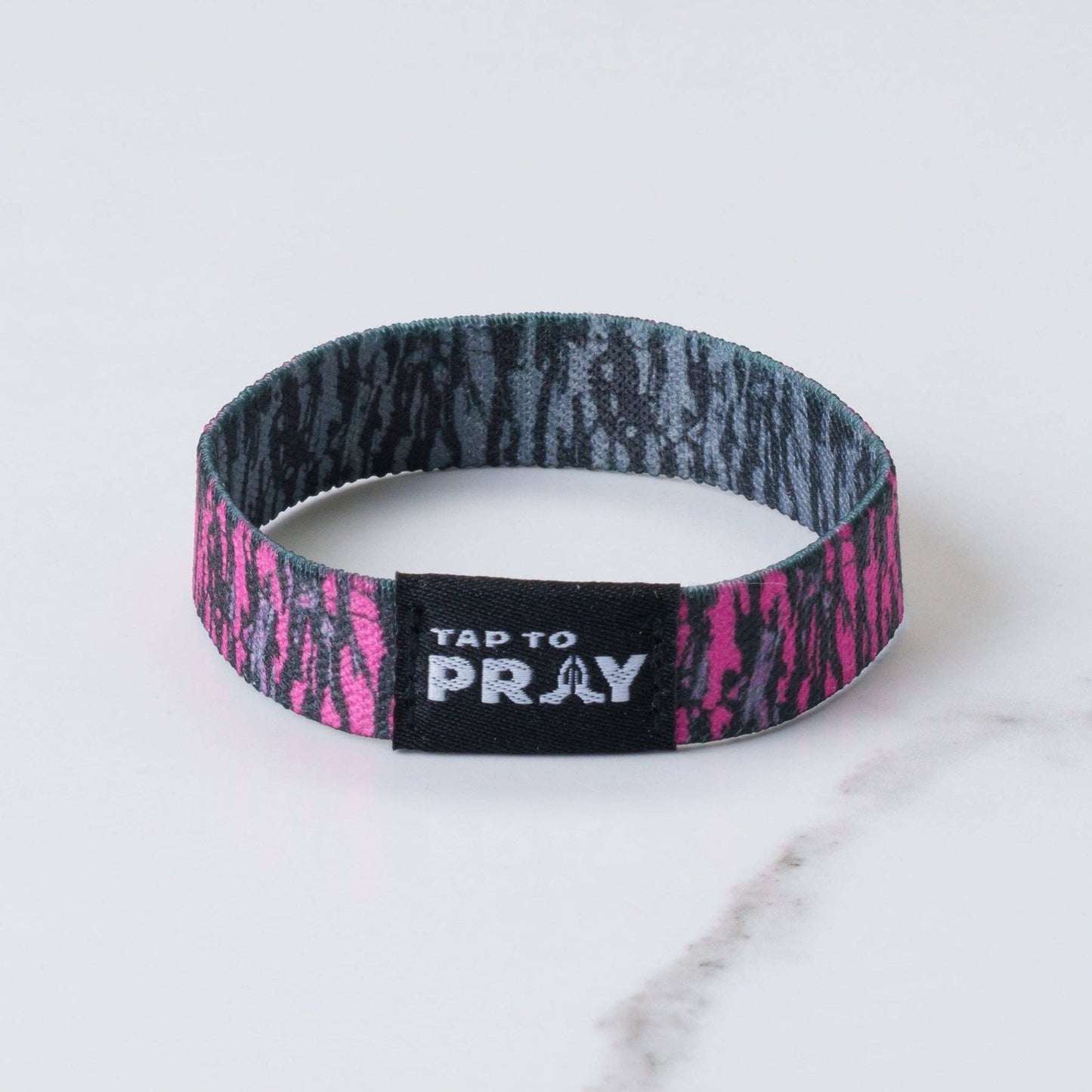 Tap To Pray® Wristband – Tree Bark Camo Pink & Grey