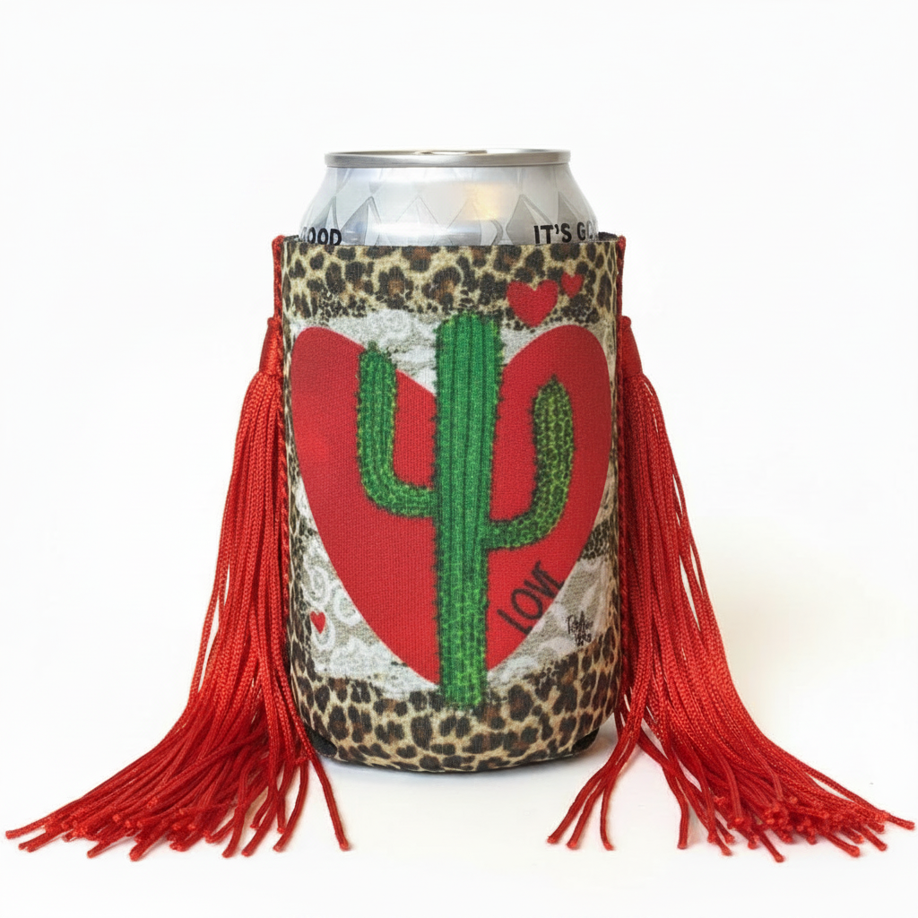 Regular Cheetah Cactus Heart Fringe Koozie