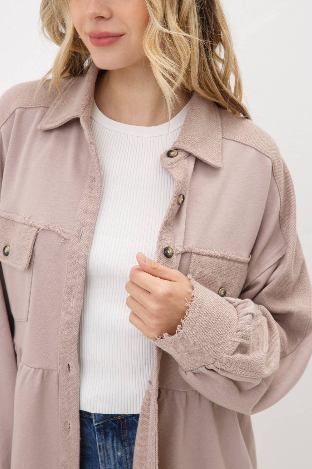 Dusty Mauve Dreams | Frayed Edge French Terry Peplum Shacket
