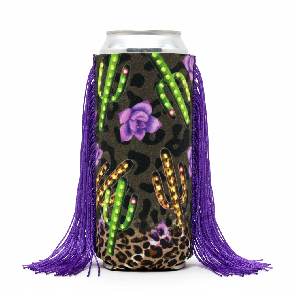 Slim Purple Cactus Fringe Koozie