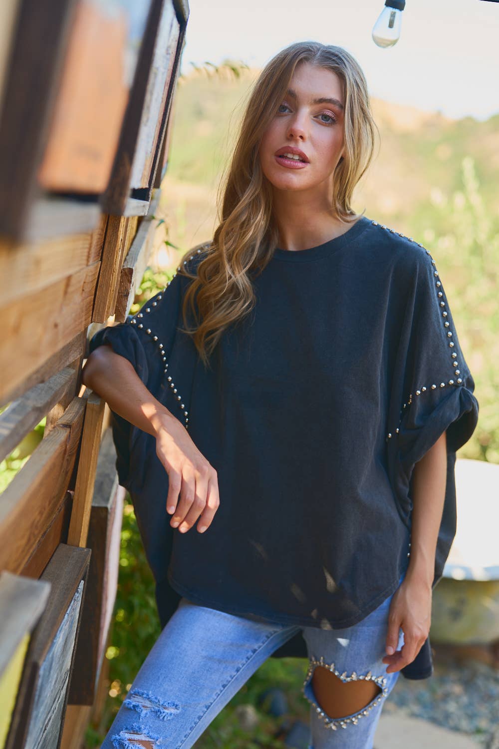 Midnight Rebel | Studded Oversized High-Low Tee