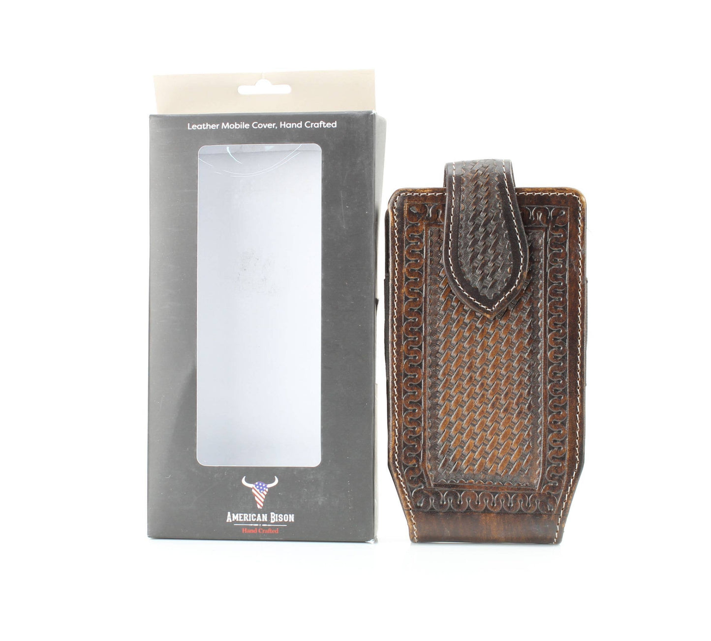 Brown Basket Weave Tooled Leather Phone Case for Belt