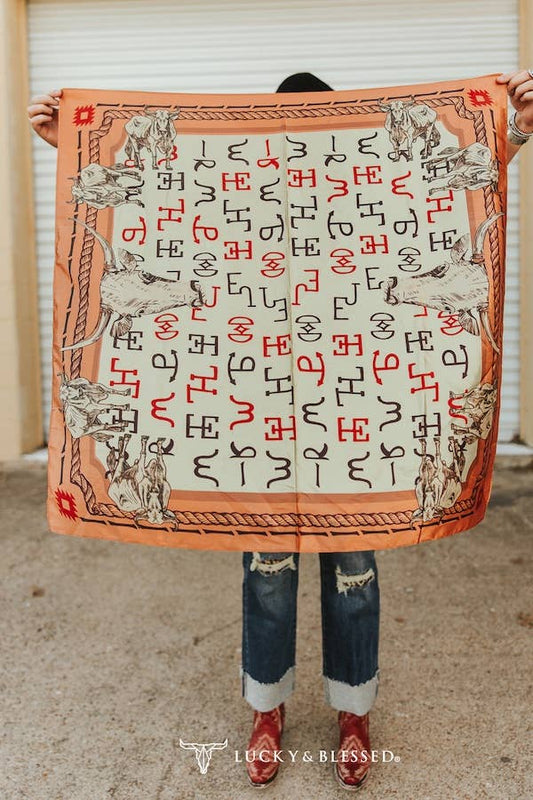 Beige Cow Skull Western Brand Printed Wild Rag