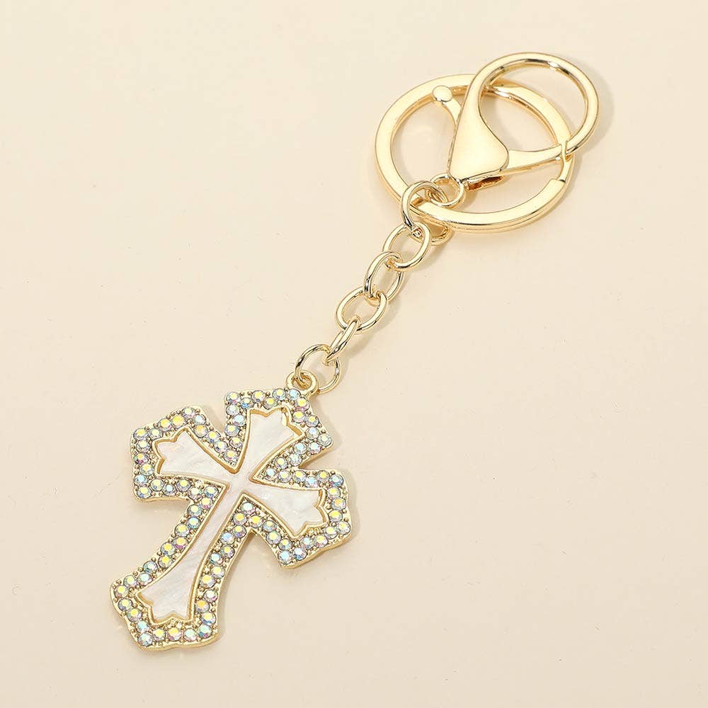 Rhinestone Pave Rim Mother of Pearl Cross Drop Bag Charm Keychains