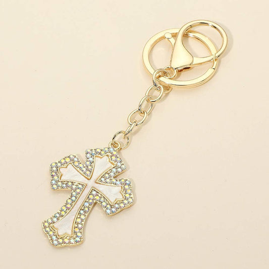 Rhinestone Pave Rim Mother of Pearl Cross Drop Bag Charm Keychains