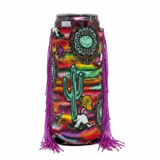 Slim Watercolor Western Things Fringe Koozie