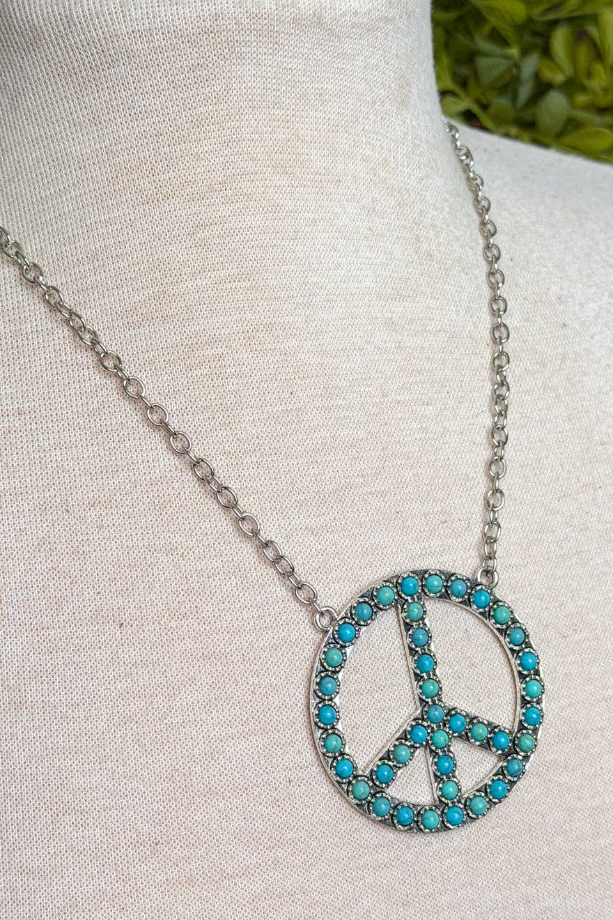 Turquoise Blaze Peace Necklace - Silver Tone