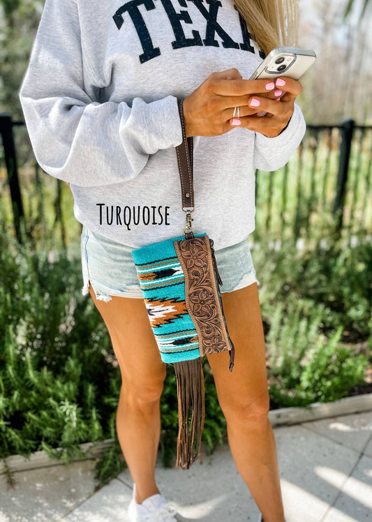Aztec Tooled Leather Tassel Wristlet