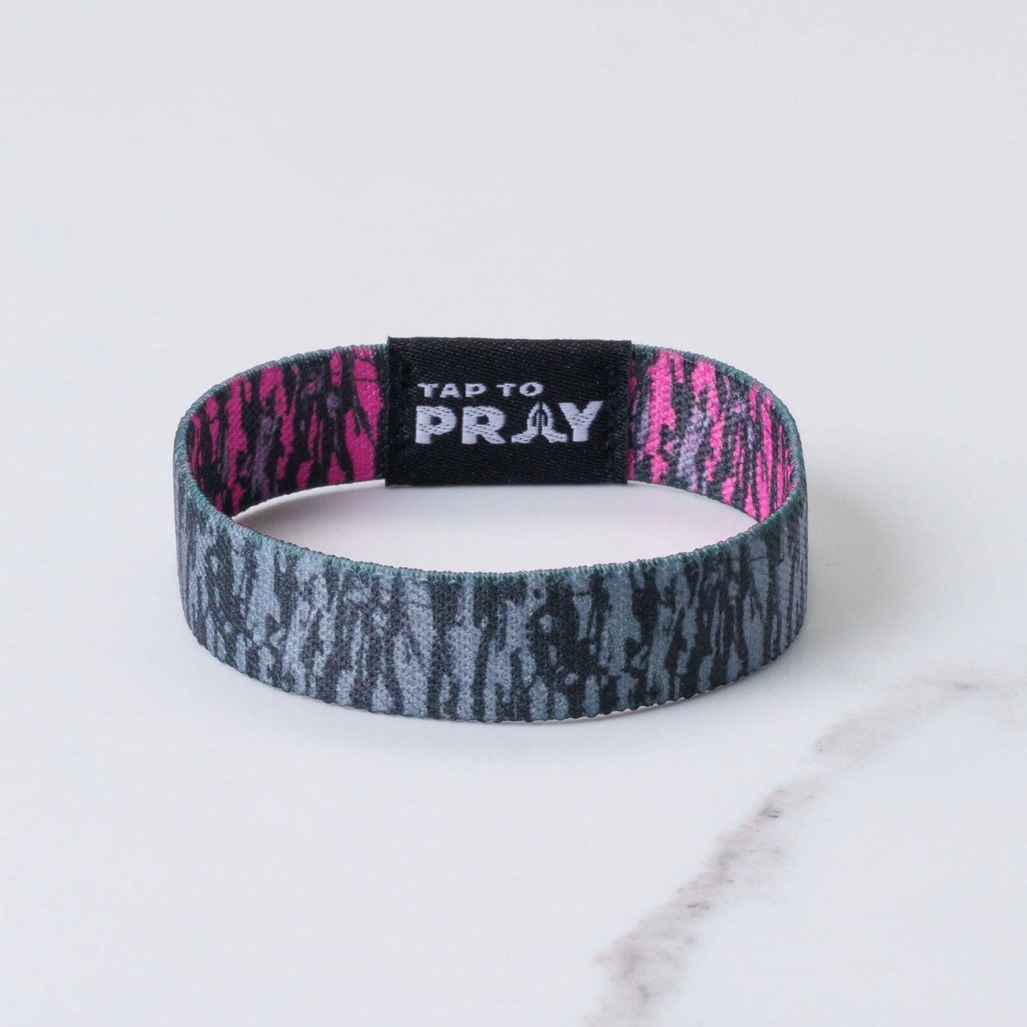 Tap To Pray® Wristband – Tree Bark Camo Pink & Grey