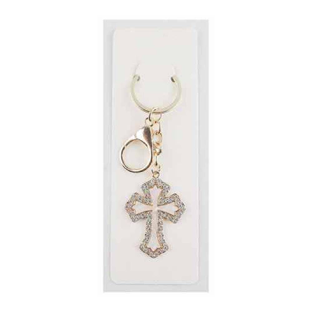 Rhinestone Pave Rim Mother of Pearl Cross Drop Bag Charm Keychains