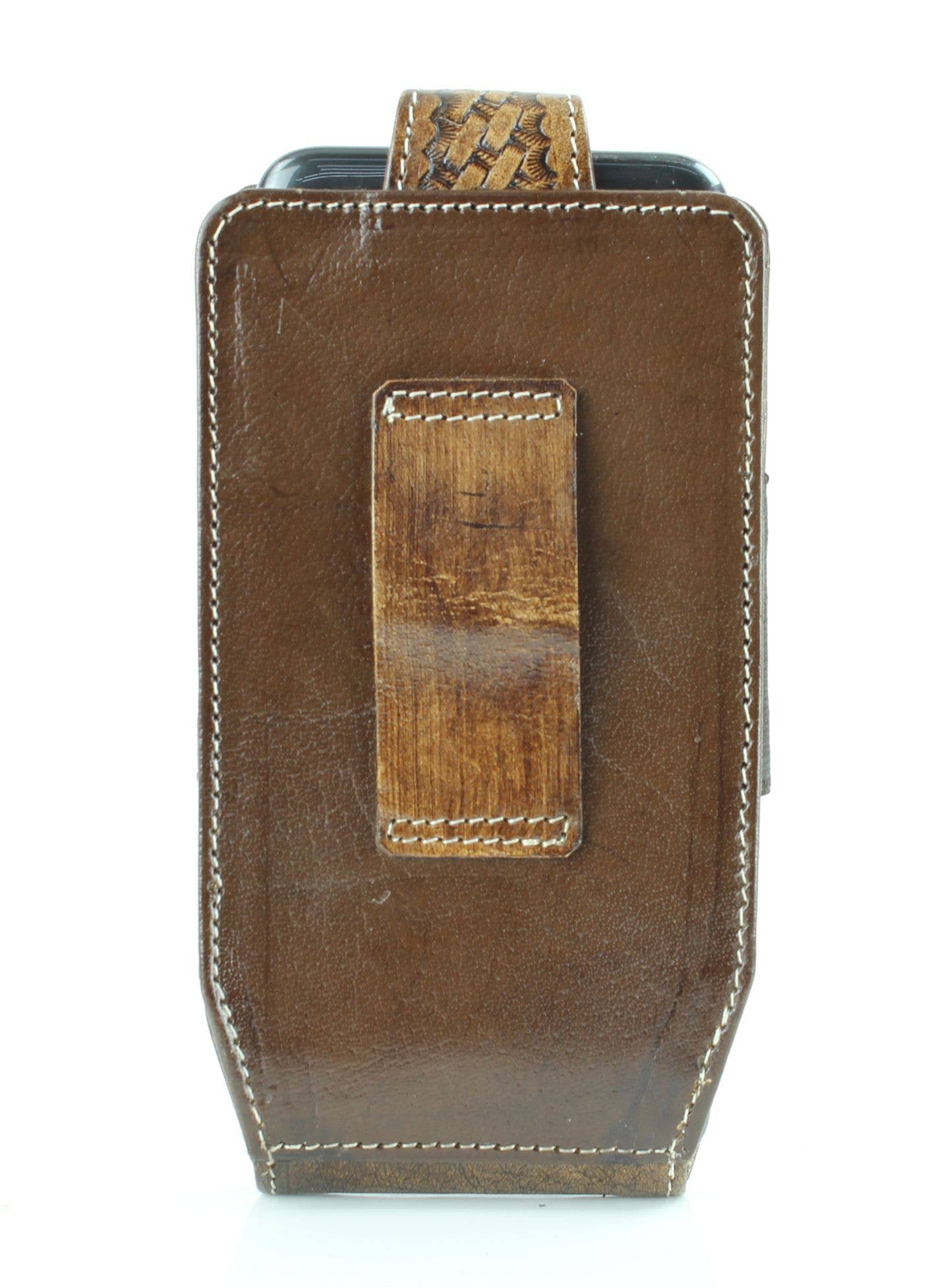 Brown Basket Weave Tooled Leather Phone Case for Belt