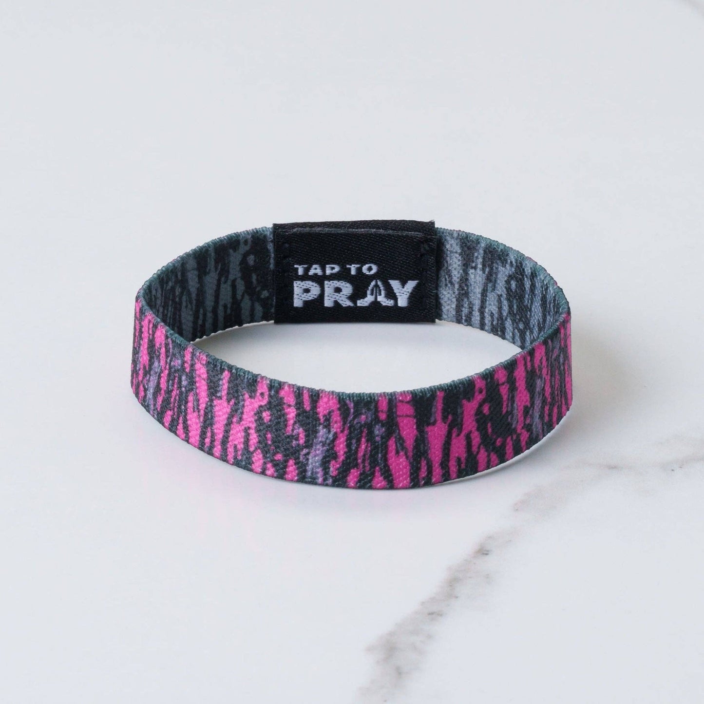 Tap To Pray® Wristband – Tree Bark Camo Pink & Grey
