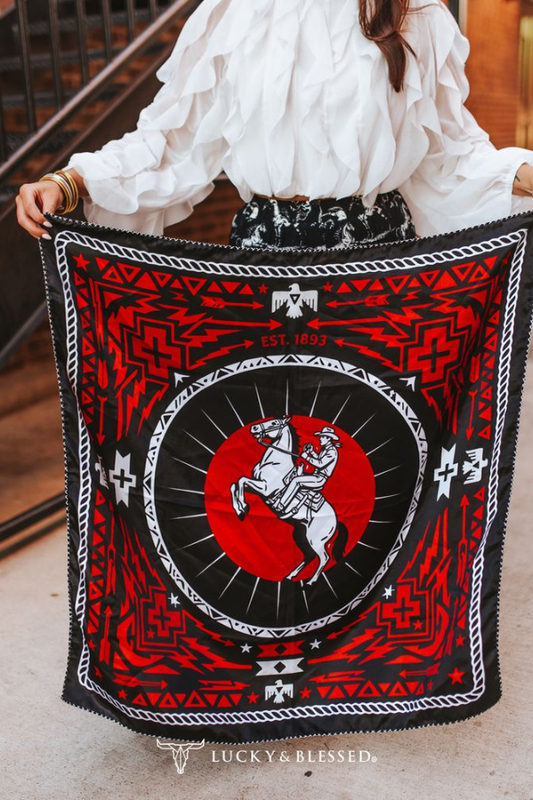 Black Red Aztec Sunset Cowboy Double Sided Printed Wild Rag
