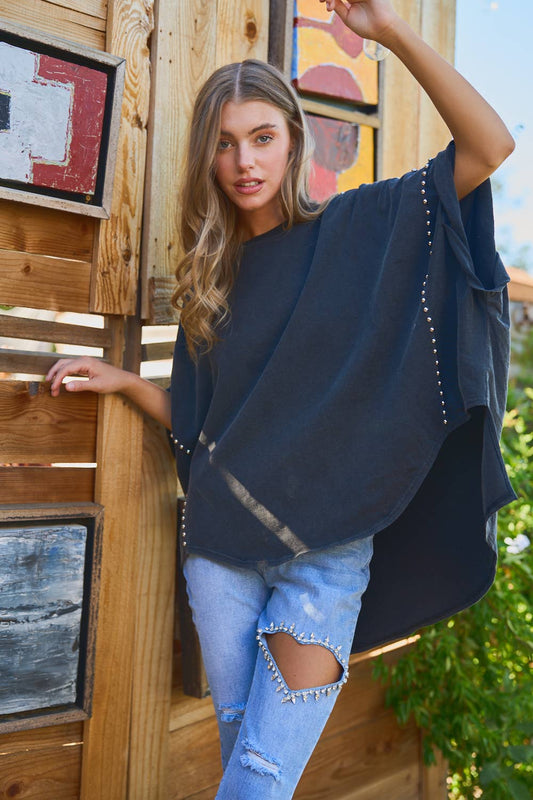 Midnight Rebel | Studded Oversized High-Low Tee