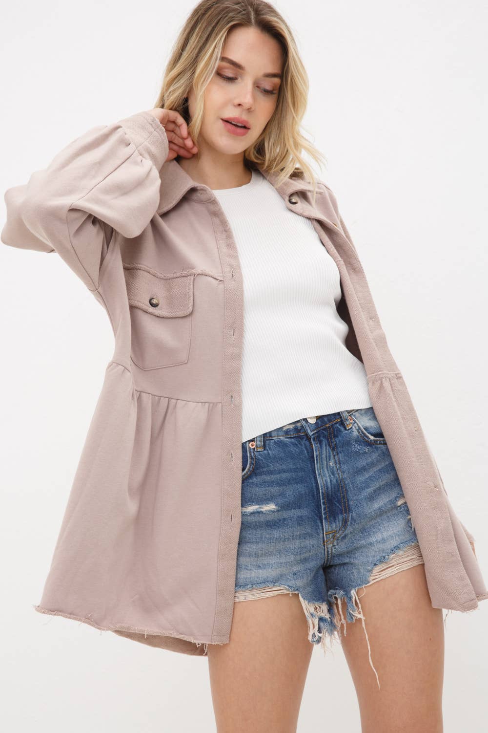 Dusty Mauve Dreams | Frayed Edge French Terry Peplum Shacket