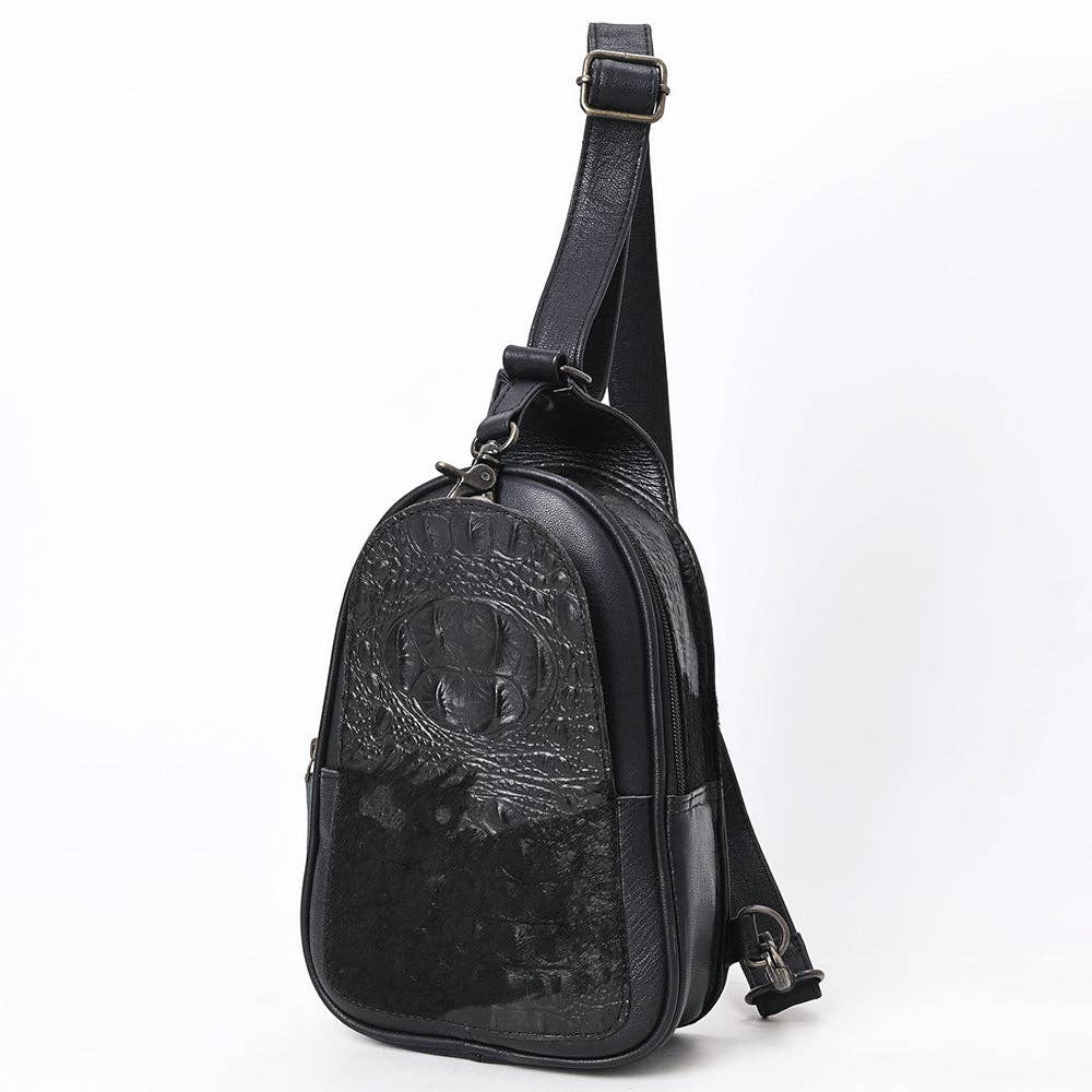 American Darling Western Leather Sling Bag with Black Crocodile Embossed Detailing Genuine Hair-on cowhide Leather