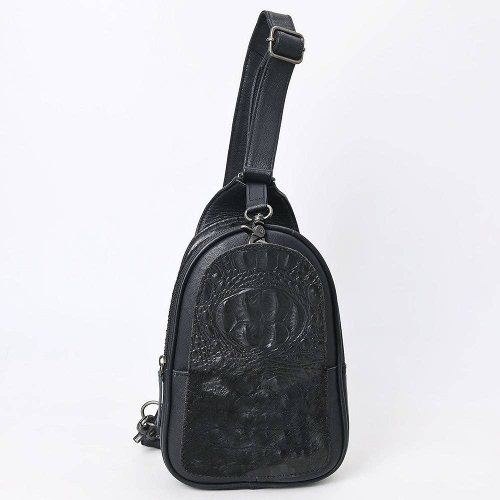 American Darling Western Leather Sling Bag with Black Crocodile Embossed Detailing Genuine Hair-on cowhide Leather