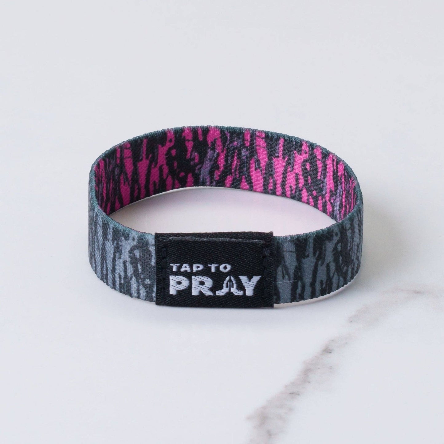 Tap To Pray® Wristband – Tree Bark Camo Pink & Grey