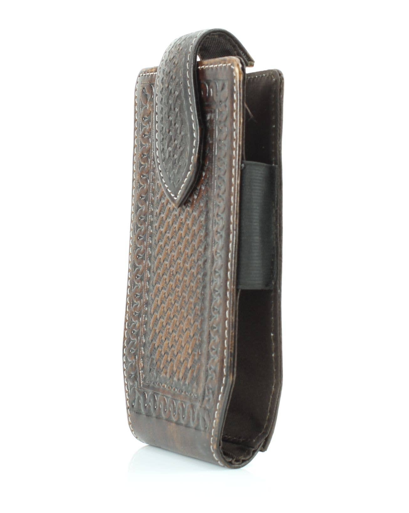 Brown Basket Weave Tooled Leather Phone Case for Belt