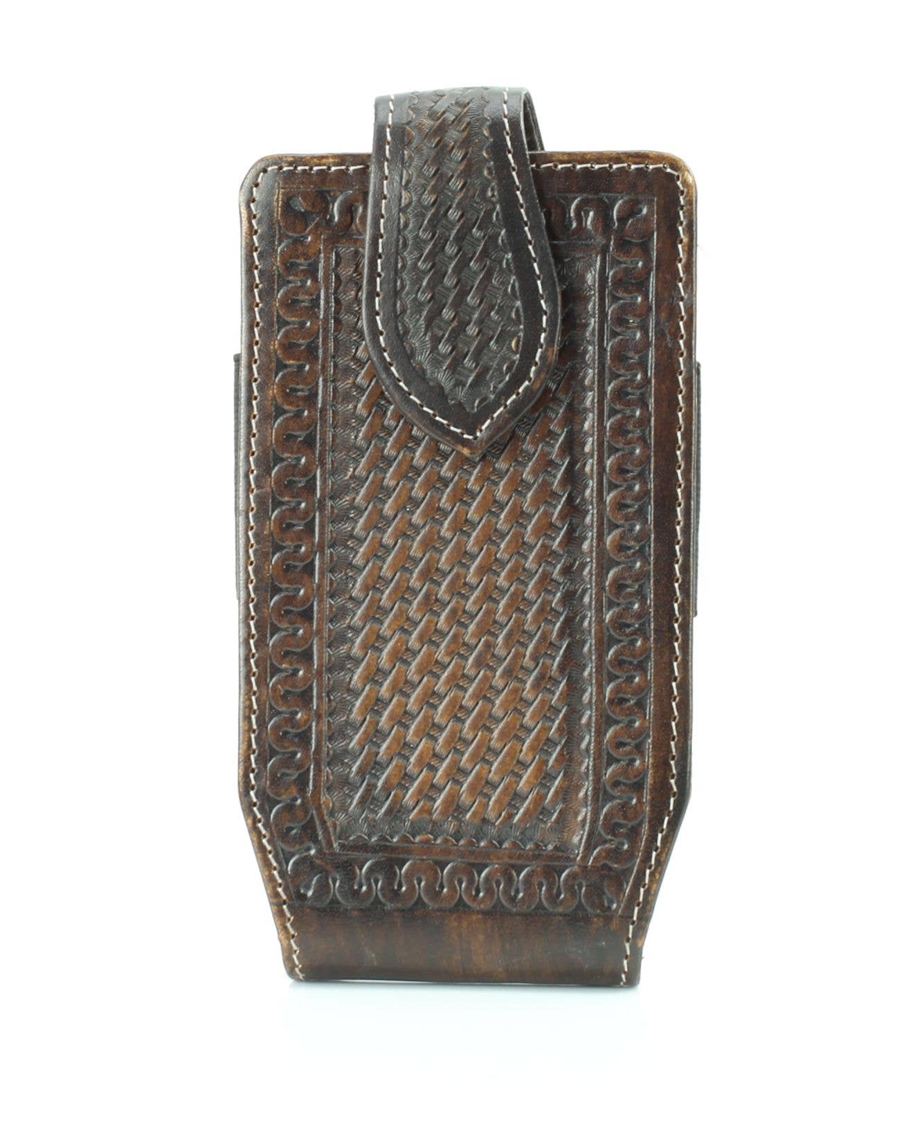 Brown Basket Weave Tooled Leather Phone Case for Belt
