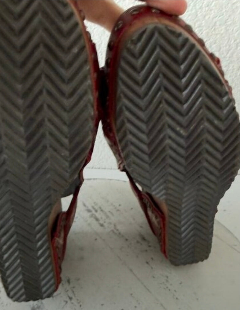 Lane Boots LEXINGTON Womens Red Wedges Western Sandals Wooden Heel Womens Size 8