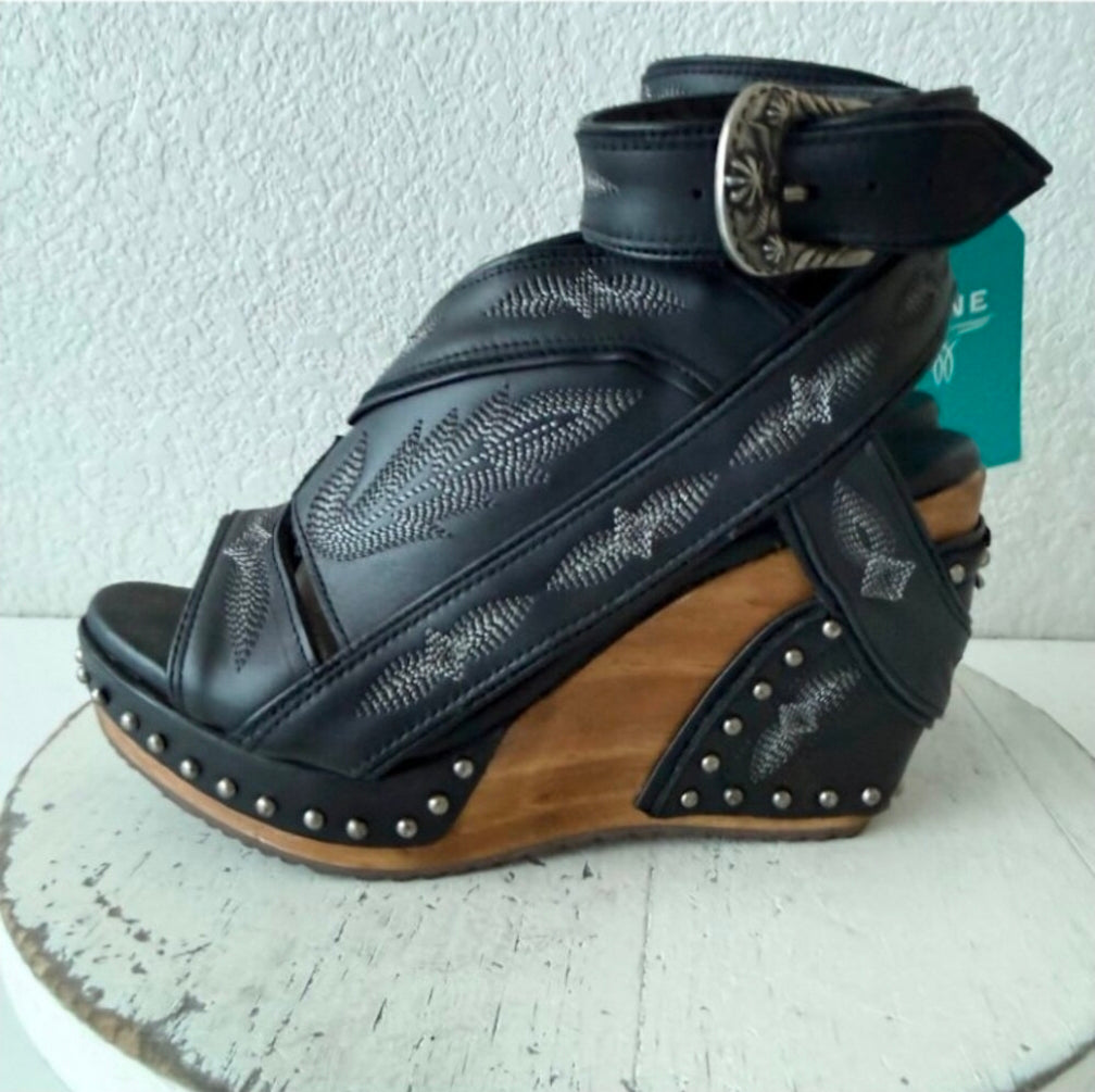 Lane Lexington Jet Black Leather Western Wedges Sandals Wood Heel Womens 7.5
