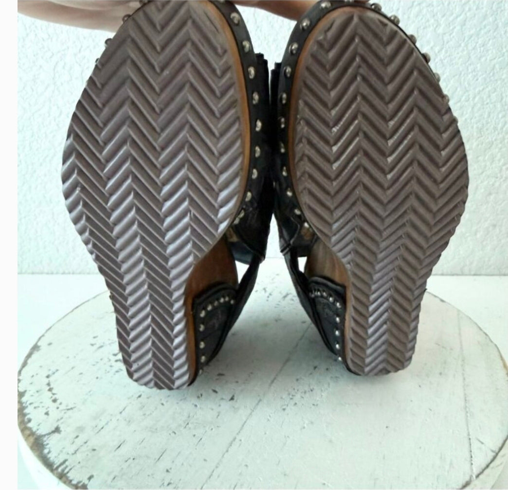 Lane Lexington Jet Black Leather Western Wedges Sandals Wood Heel Womens 7.5