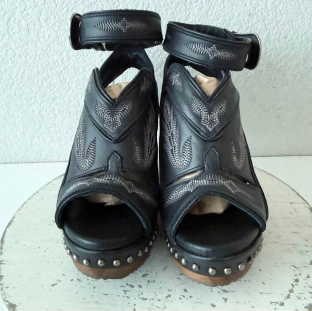 Lane Lexington Jet Black Leather Western Wedges Sandals Wood Heel Womens 7.5