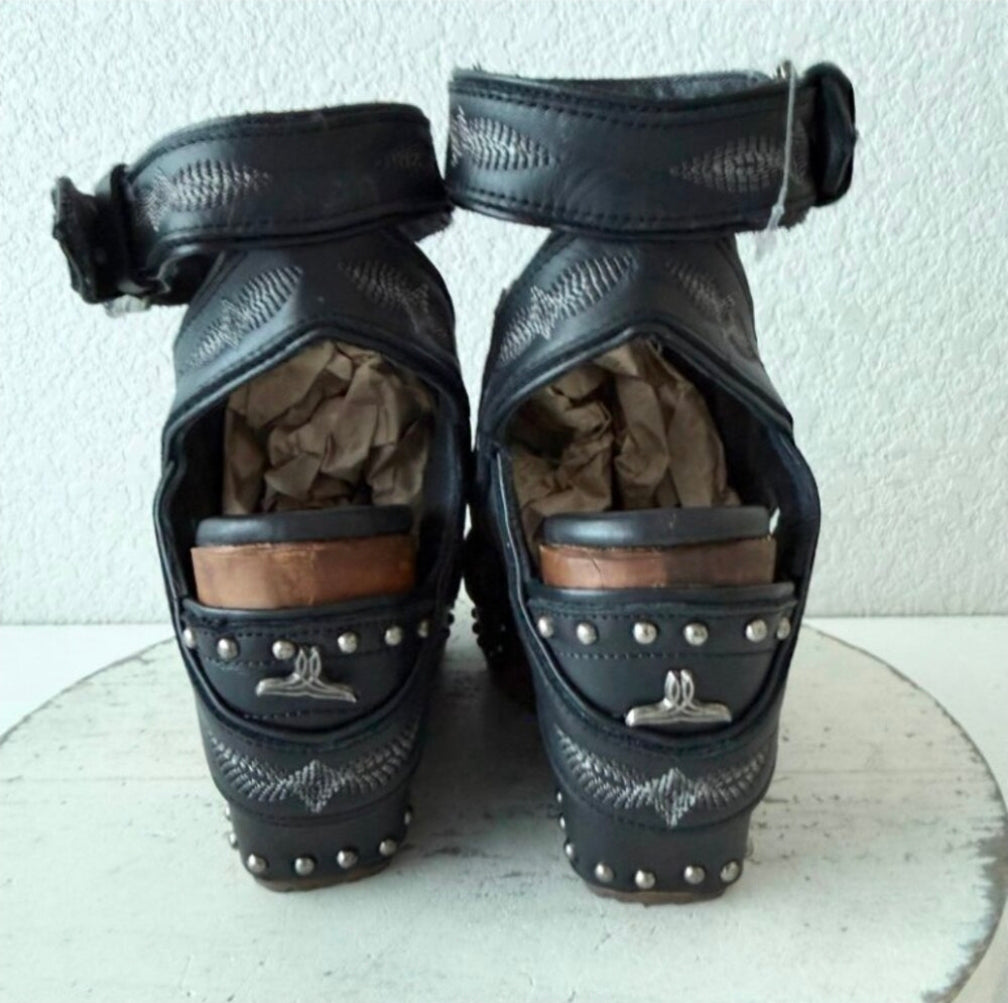 Lane Lexington Jet Black Leather Western Wedges Sandals Wood Heel Womens 7.5