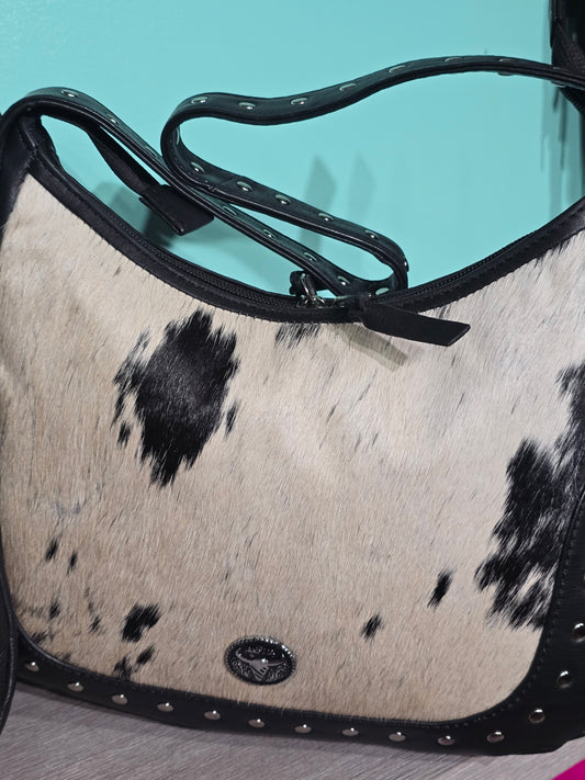 Black Leather Shoulder Bag with Hair on Hide Detail