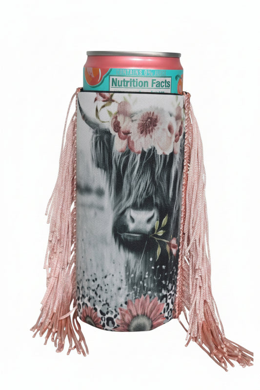 Slim Highland Cow Fringe Koozie