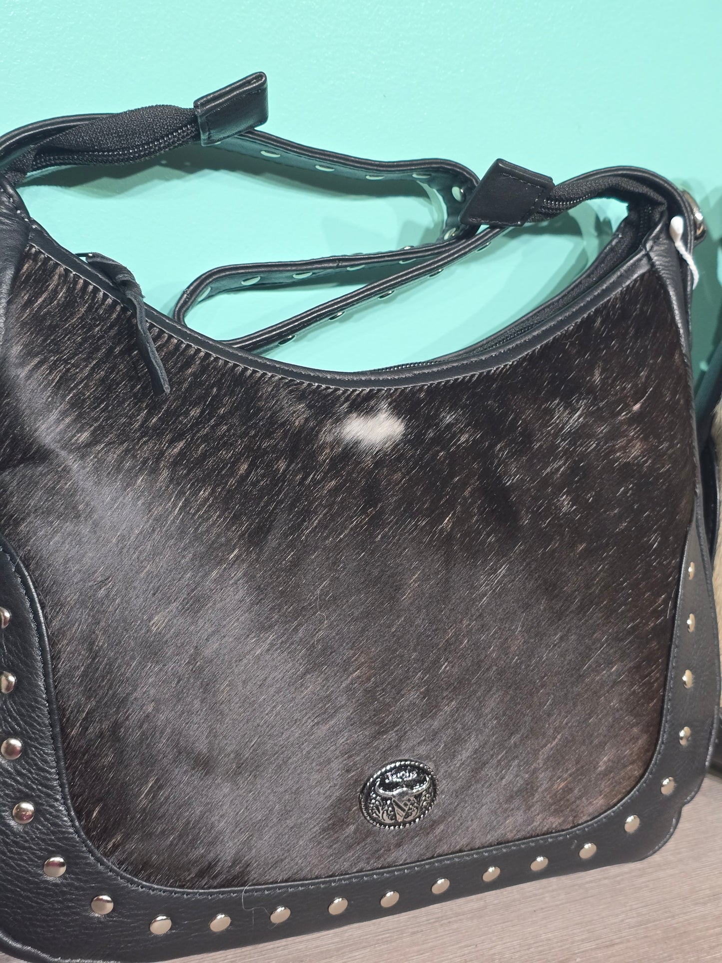 Black Leather Shoulder Bag with Hair on Hide Detail