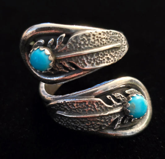#225 Turquoise Feather Wrap Ring - Handmade by Navajo Artist Kenny Lonjose