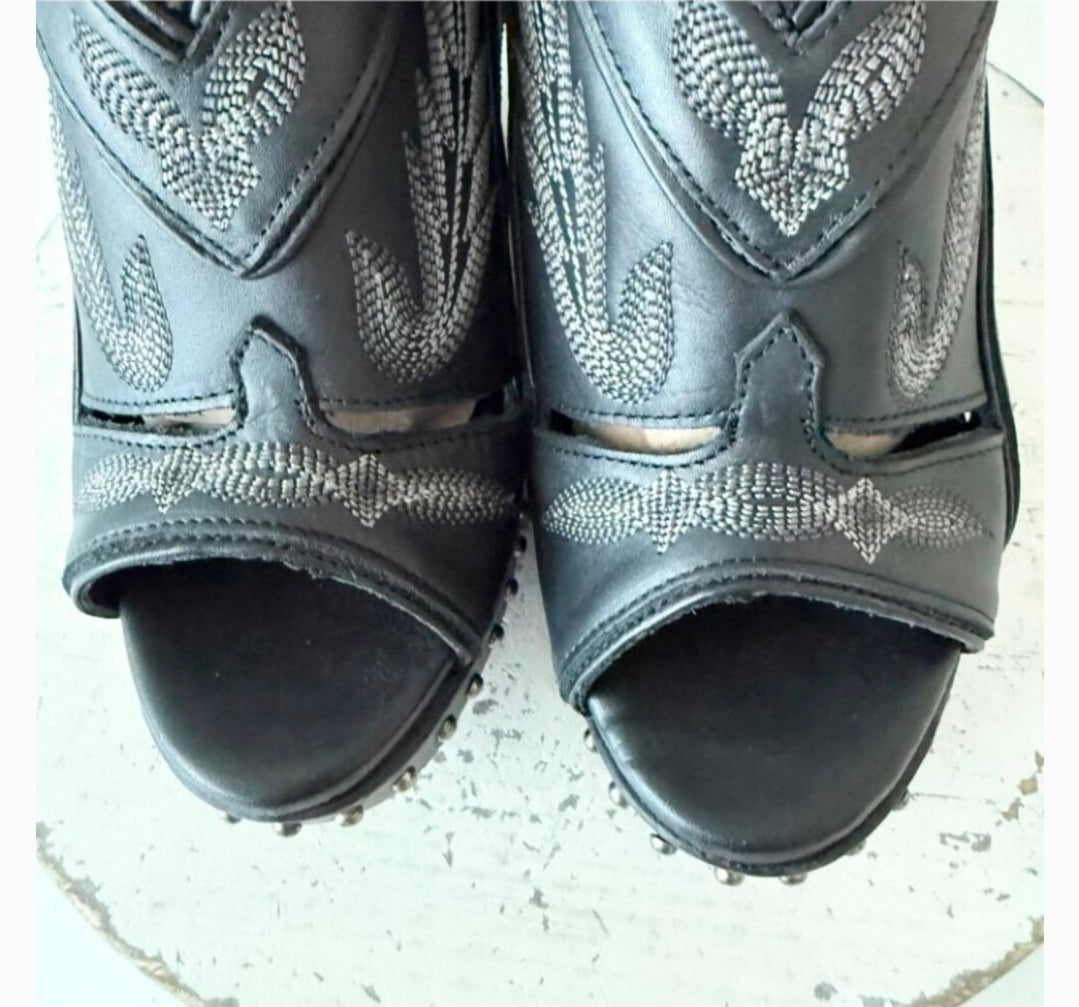 Lane Lexington Jet Black Leather Western Wedges Sandals Wood Heel Womens 7.5