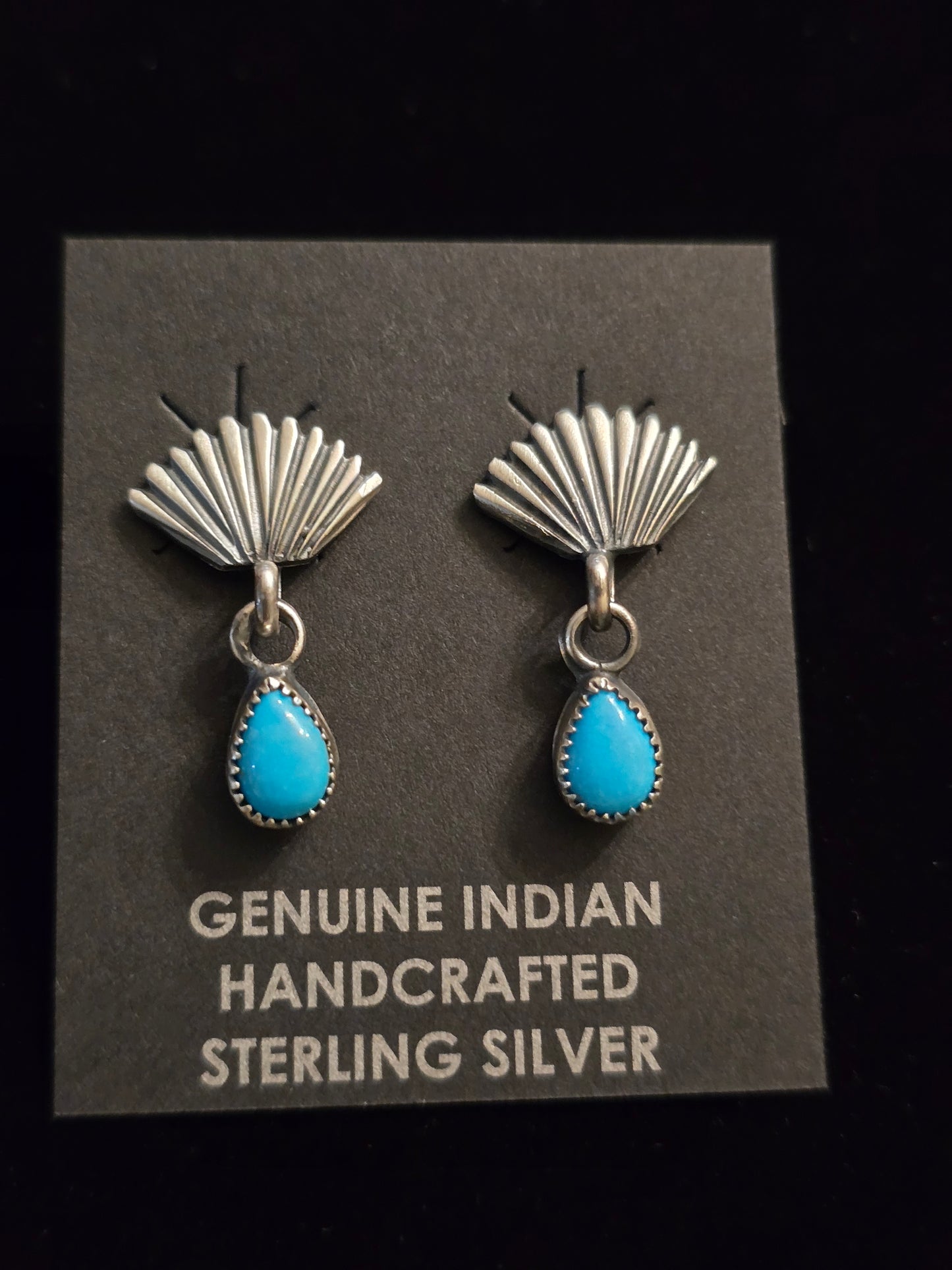 #218 Turquoise Fan Drop Earrings - Handmade by Navajo Artist Marie Bahe