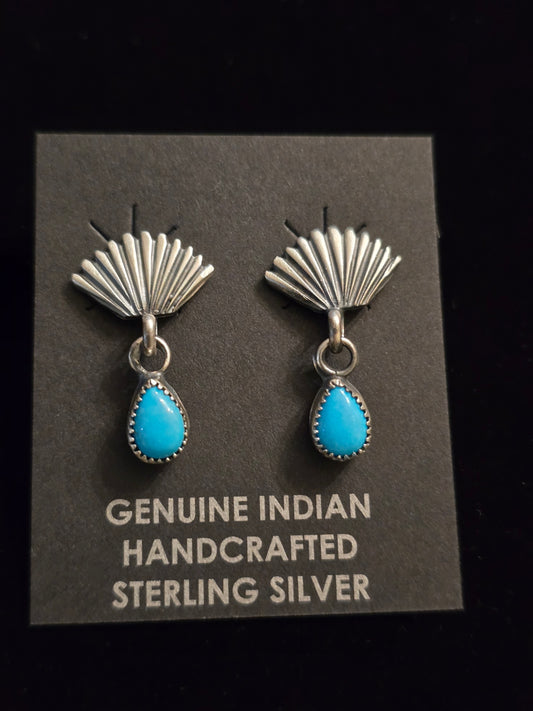 #218 Turquoise Fan Drop Earrings - Handmade by Navajo Artist Marie Bahe