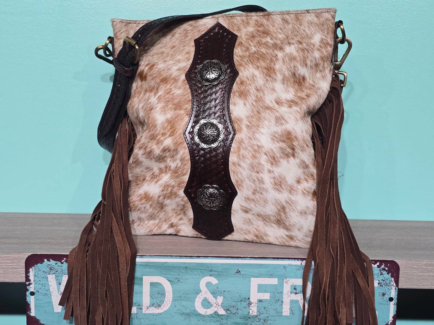 Brown Fringe Crossbody with Concho Center Detail