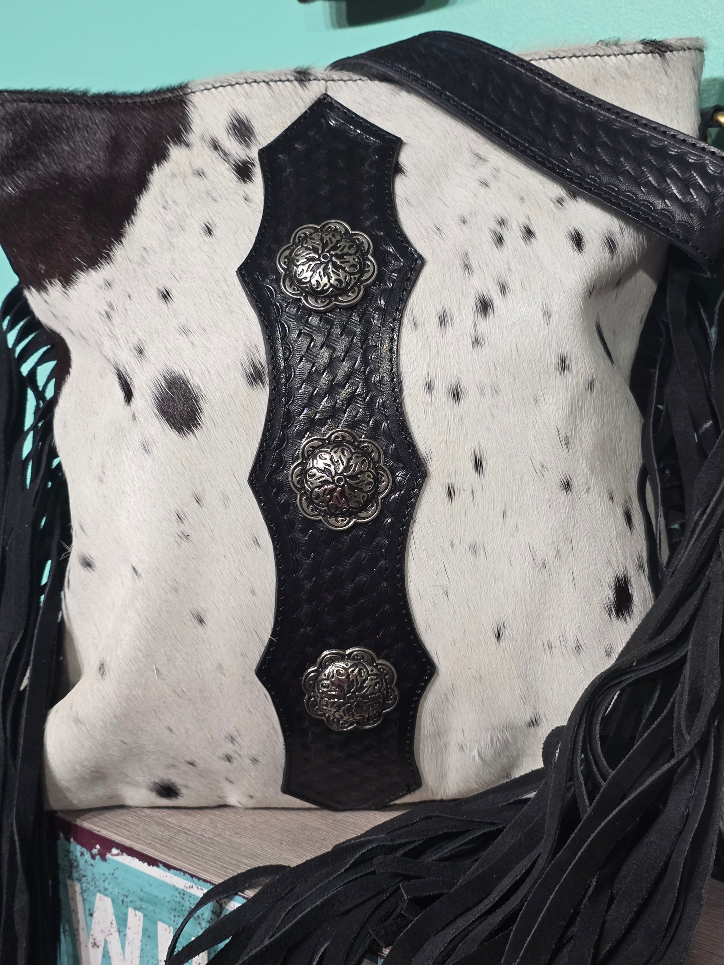 Black Fringe Crossbody with Concho Center Detail