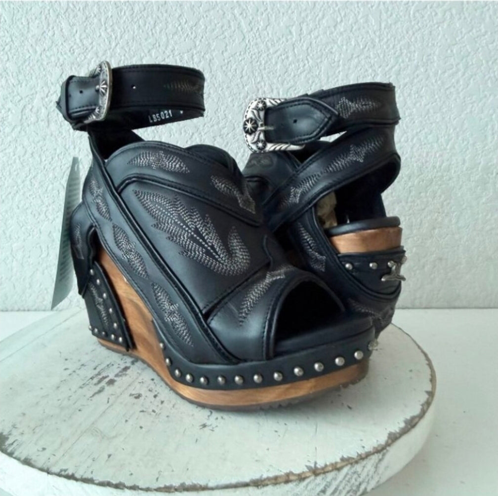 Lane Lexington Jet Black Leather Western Wedges Sandals Wood Heel Womens 7.5