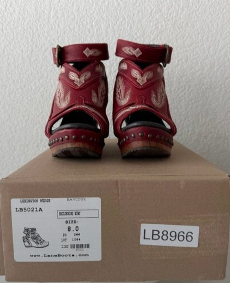 Lane Boots LEXINGTON Womens Red Wedges Western Sandals Wooden Heel Womens Size 8