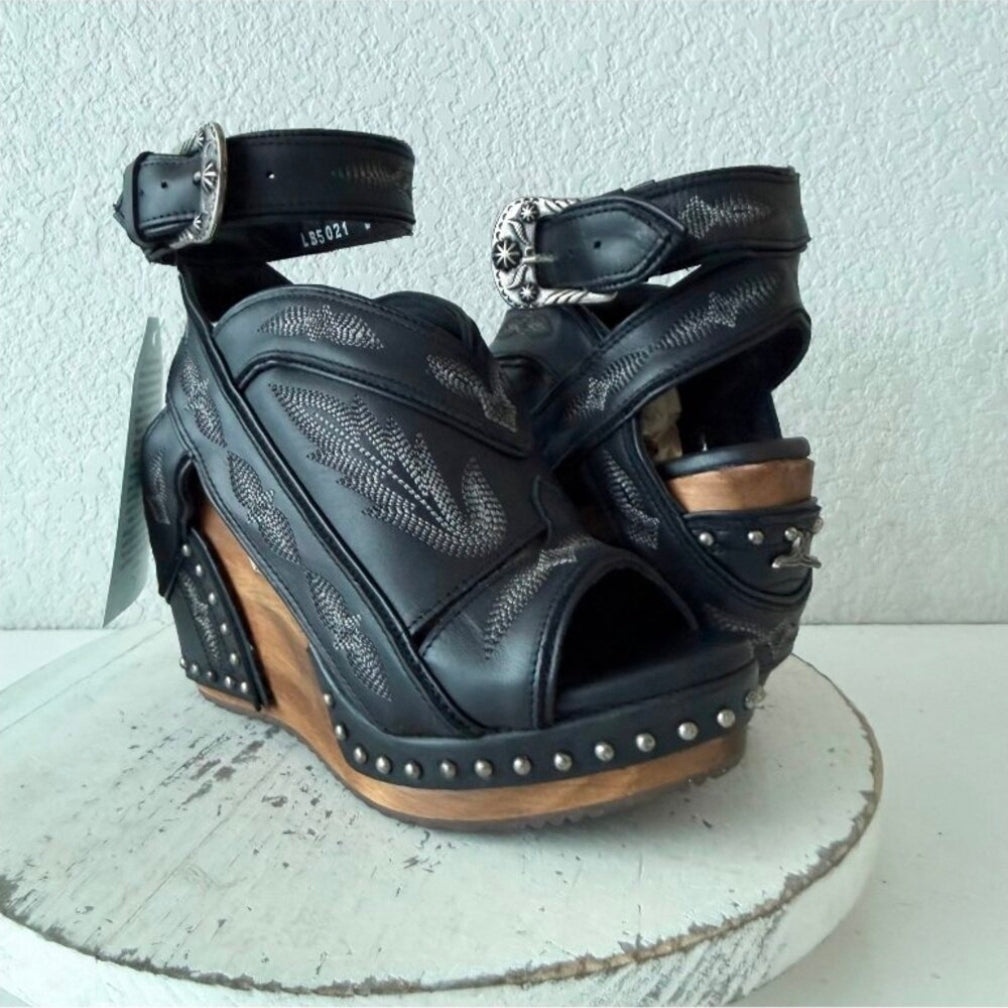 Lane Lexington Jet Black Leather Western Wedges Sandals Wood Heel Womens 7.5
