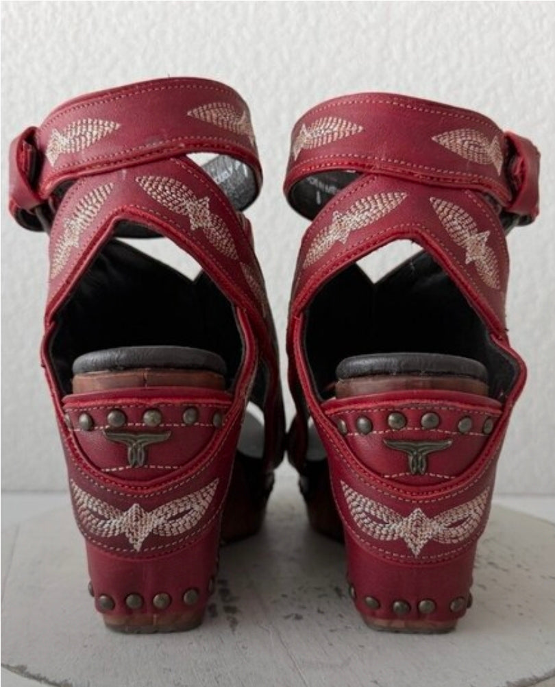 Lane Boots LEXINGTON Womens Red Wedges Western Sandals Wooden Heel Womens Size 8